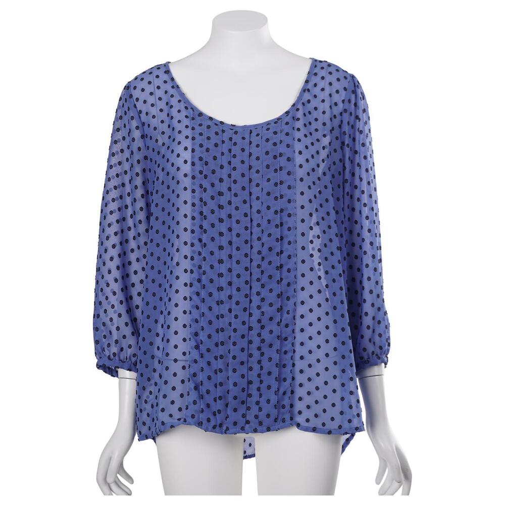 ELLE Blouse L Blue Flocked Polka Dot Sheer 3/4 Sleeve Scoop Neck Pullover